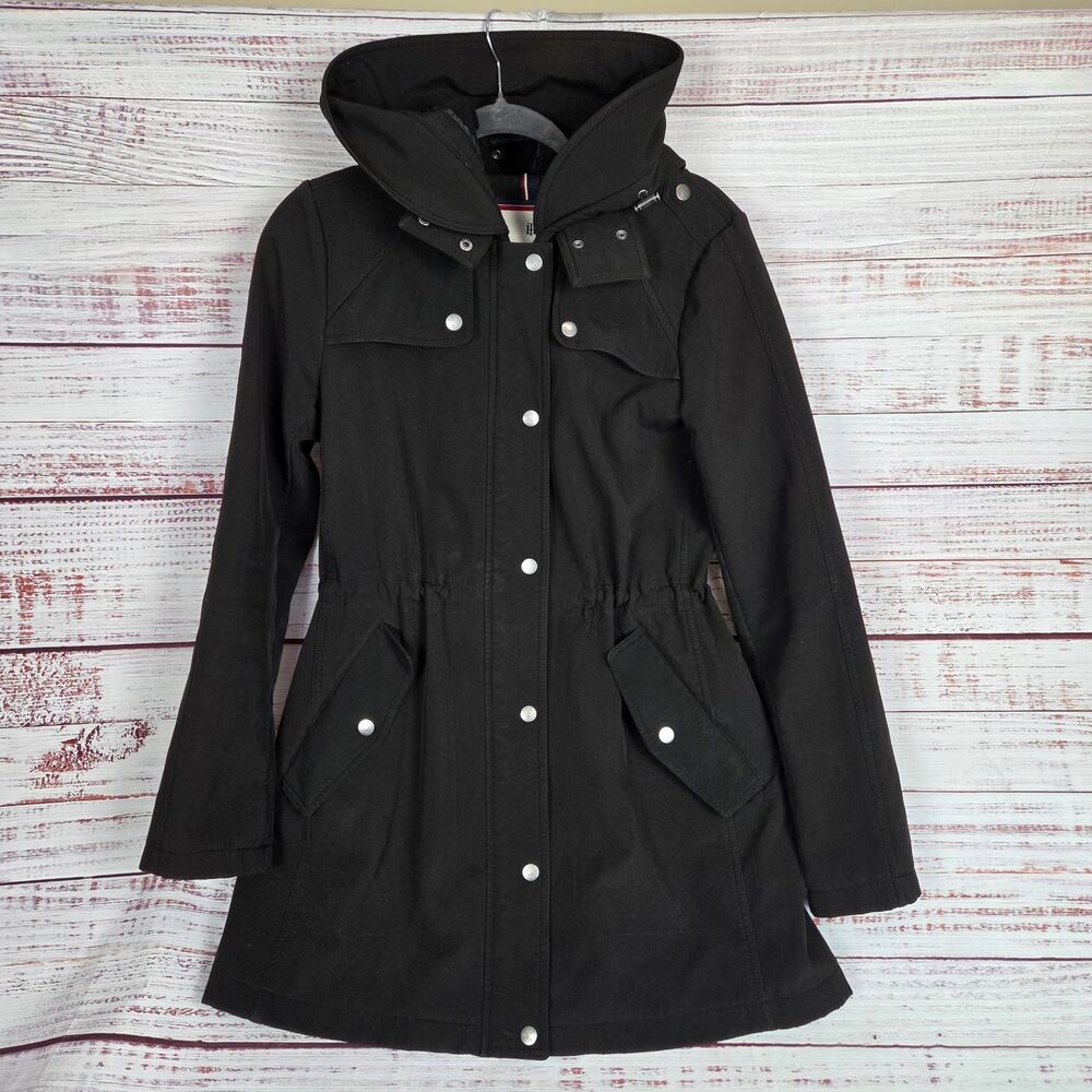 Tommy Hilfiger Women Black Thick Hooded Parka Coat M Hooded Fleece Lined Trench